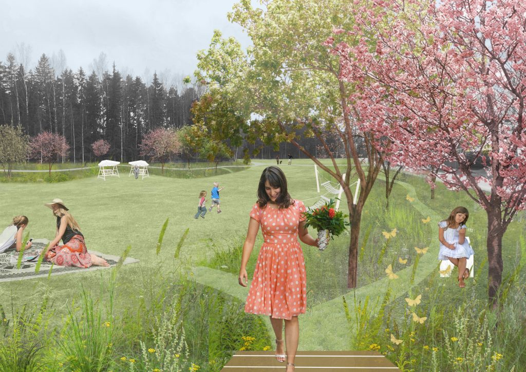 Illustration av Blomsterparken. Människor njutar av miljön i parken. Blommande träd kring området.