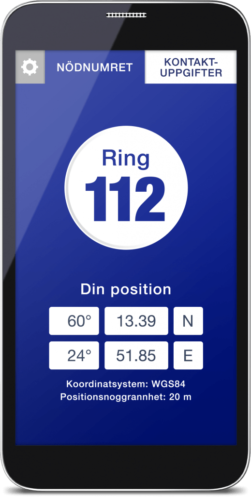 En mobiltelefon. På telefonens ruta syns 112-appen och text "Ring 112". 