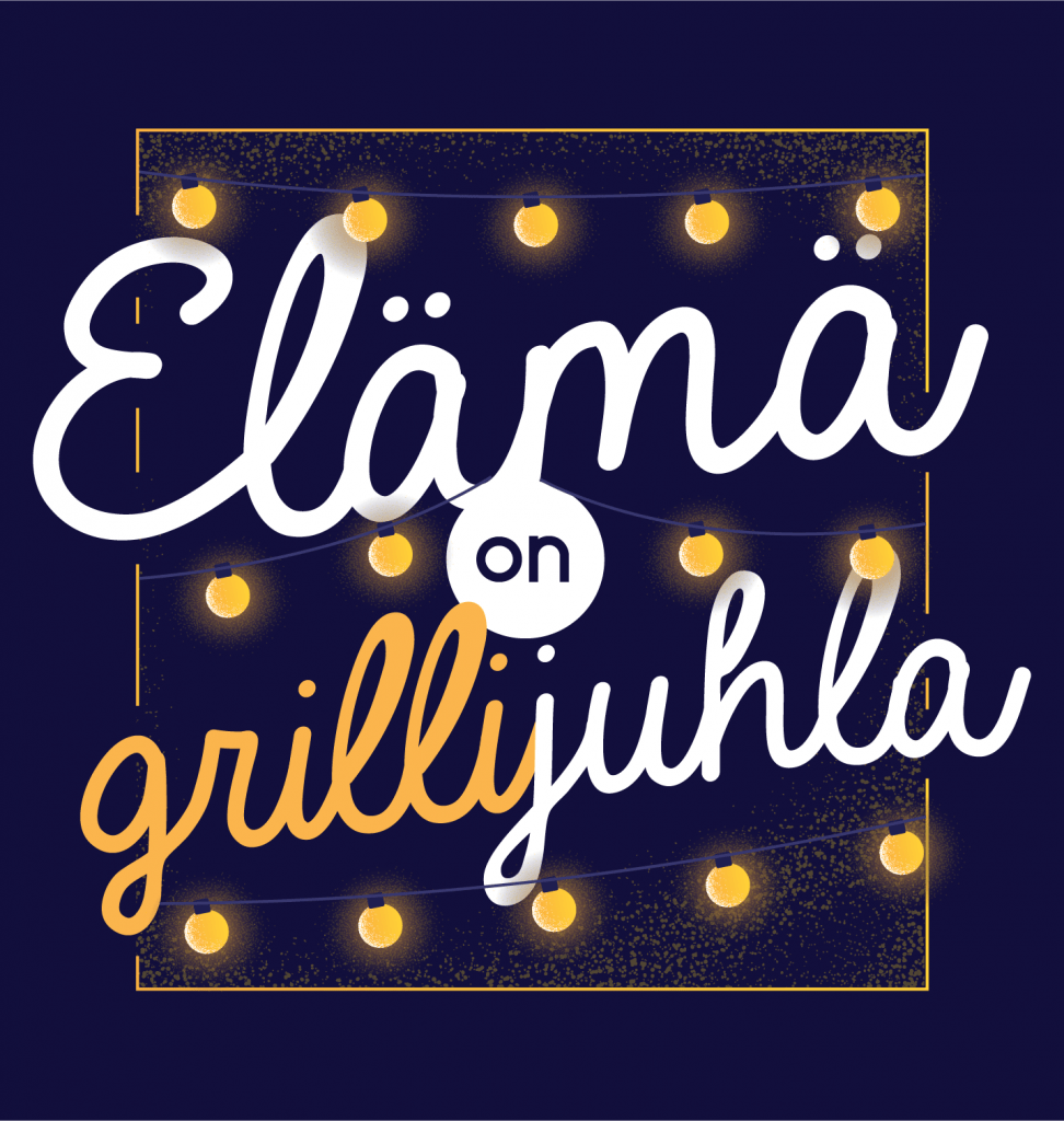Marknadsföringskampanjens logotyp med text: Livet är en grillfest (på finska Elämä on grillijuhla).