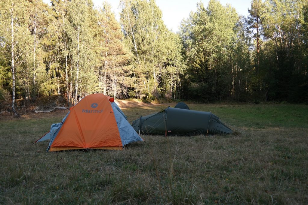 Kolme telttaa pellolla metsän vieressä.
