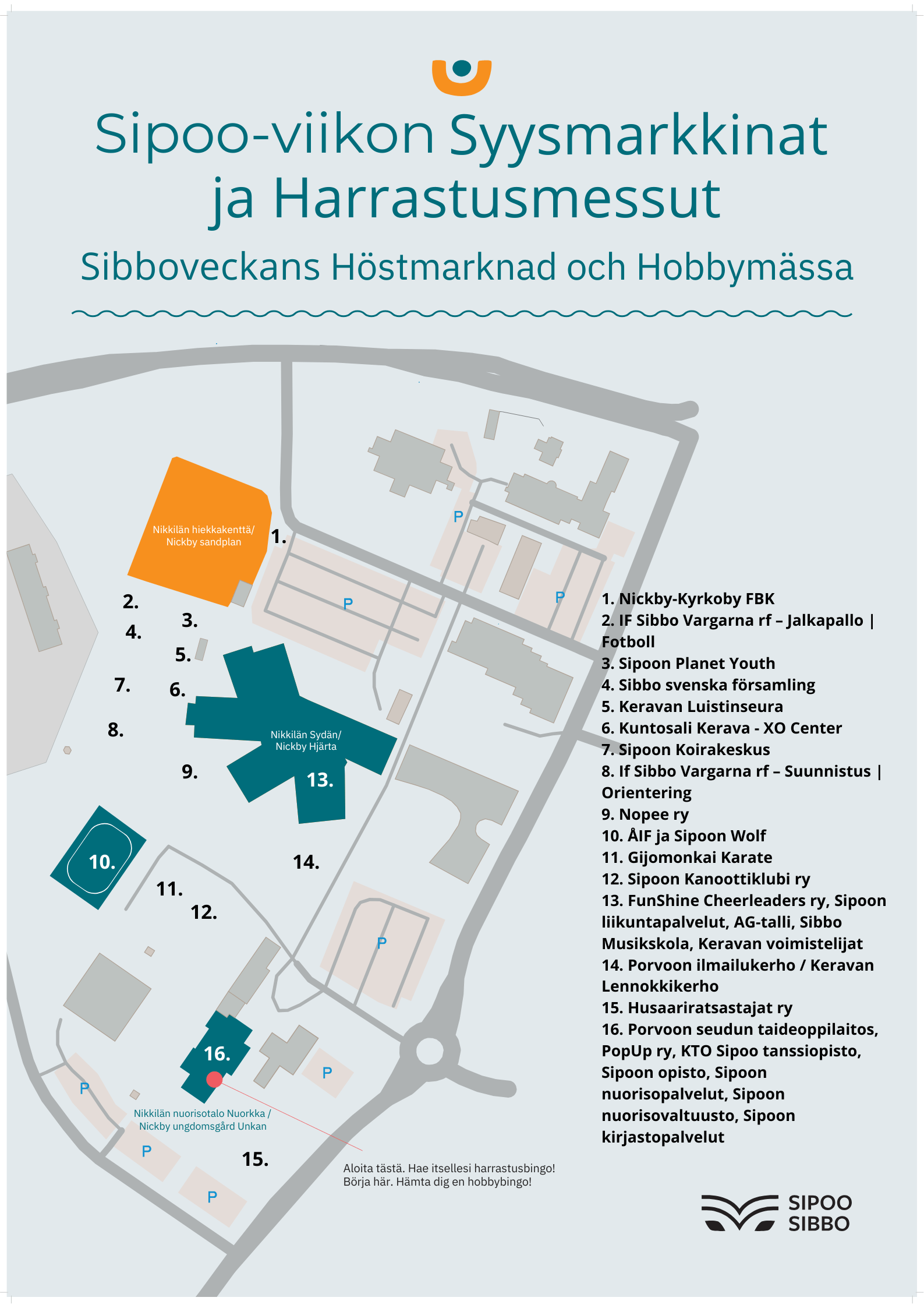 Karttakuva tapahtuma-alueesta, johon on kirjattu missä kohdissa ja rakennuksissa erilaiset toimijat ovat tapahtuman aikana.