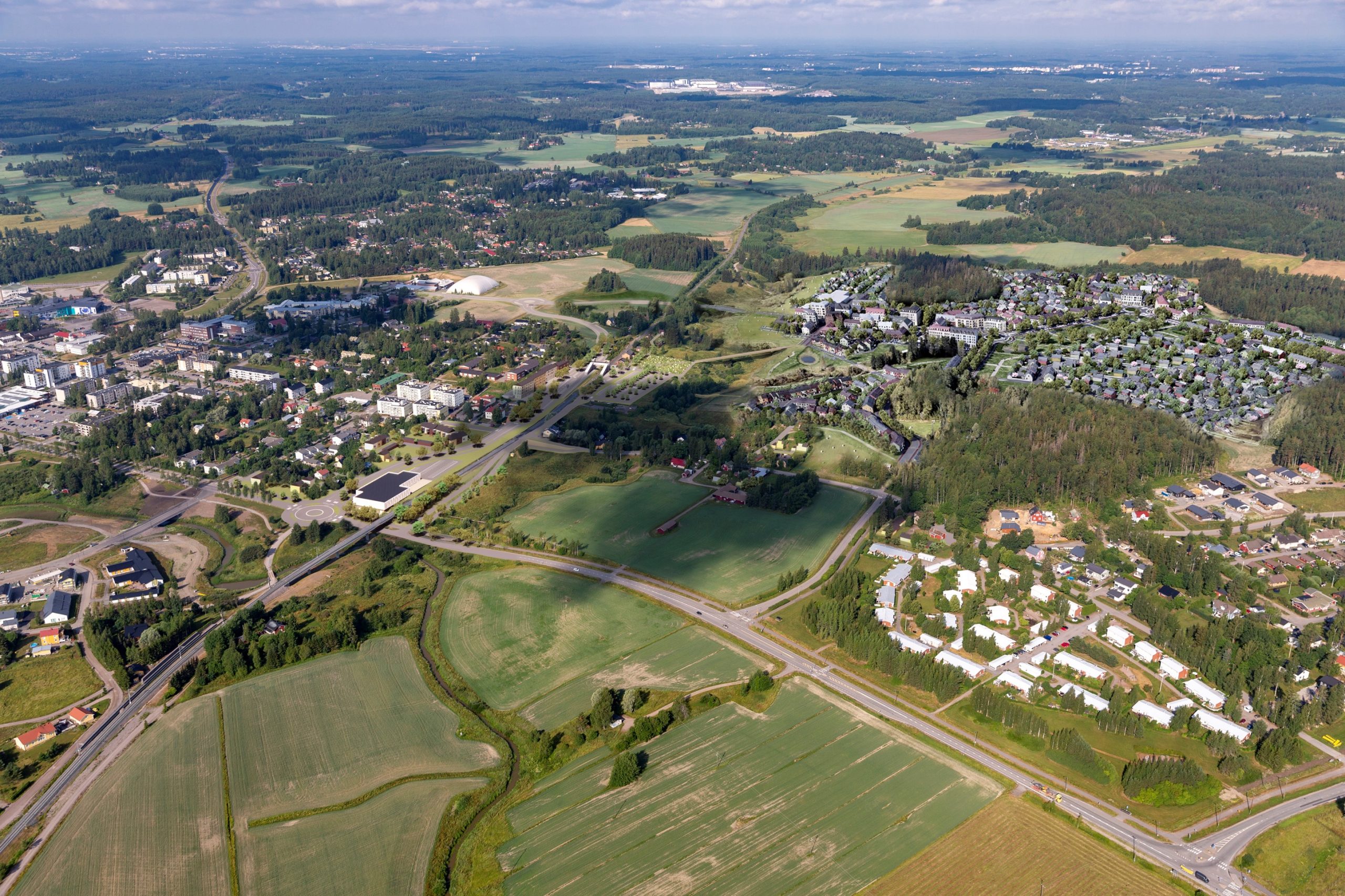 Havainnepiirros asemakaava-alueesta rakennuksineen ja teine ilmasta katsottuna.