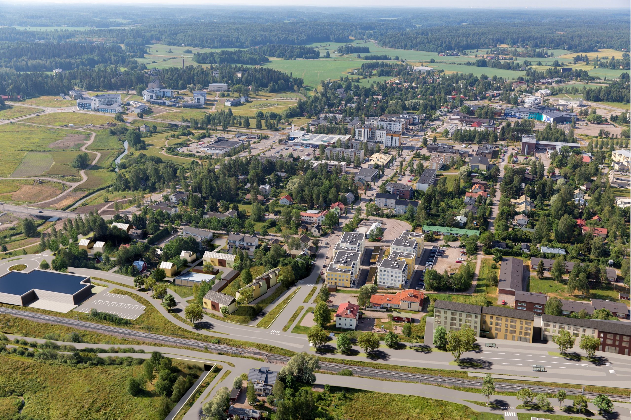 Havainnepiirros, jossa ilmasta päin näkyy katuja, taloja, raiteet, puita.